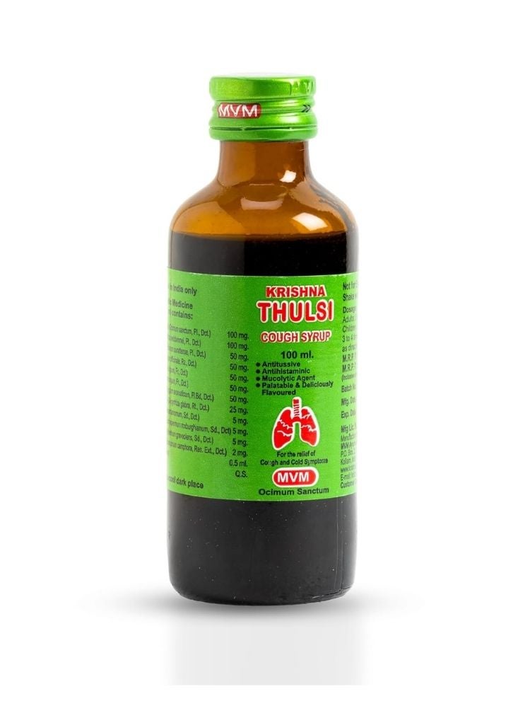 MVM Krishna Thulsi Herbal Cough Syrup – Ayurvedic Liquid for Cough and Cold Relief, Green Bottle Pack, 100 ml, 1 Pc - Image 1